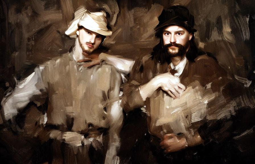 Stylized figures in fashionable hats with intense gaze in impressionistic painting
