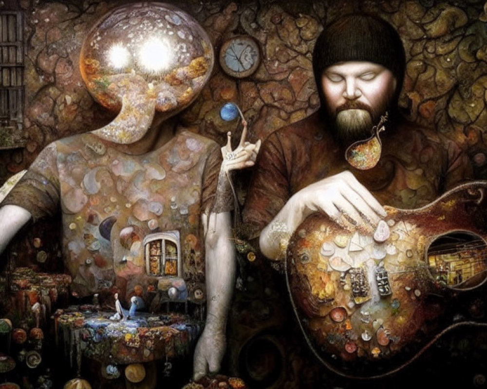 Colorful painting of man with beard playing guitar next to figure with bubble head, surreal details.