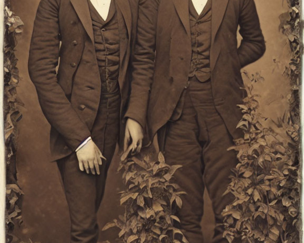 Victorian men with beards posing identically in front of foliage