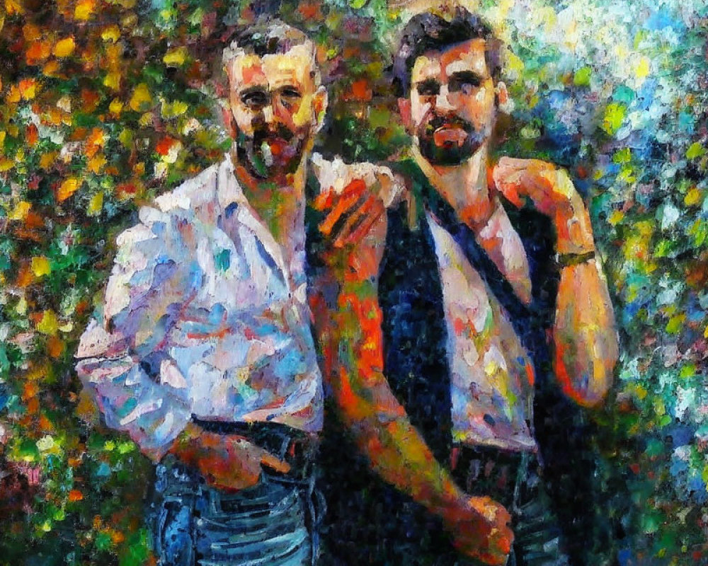 Two Men Embracing and Smiling in Front of Colorful Impressionistic Background