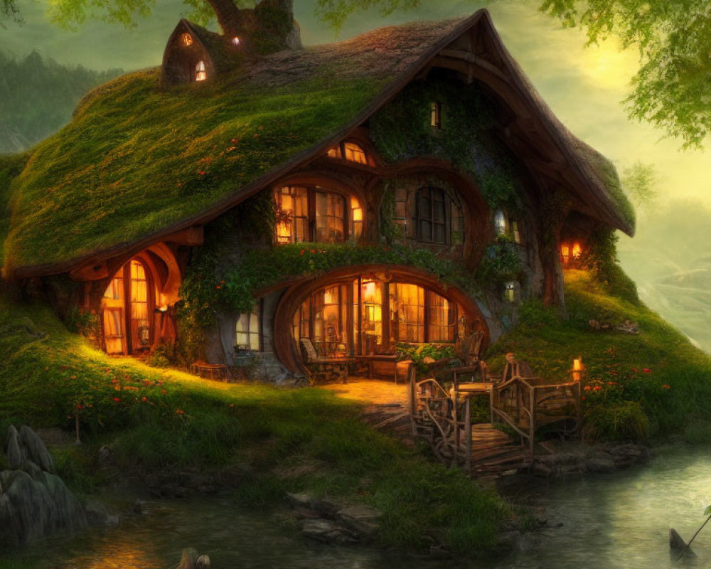 Thatched Roof Cottage Surrounded by Greenery and Stream at Sunset