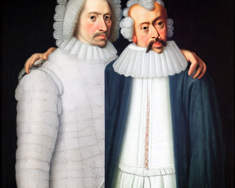 Two men in 17th-century attire with elaborate ruffs and styled mustaches.