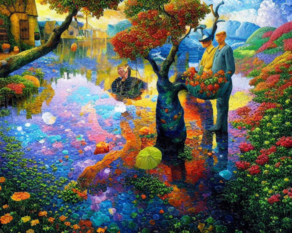 Colorful painting of two people in whimsical garden with reflective pond