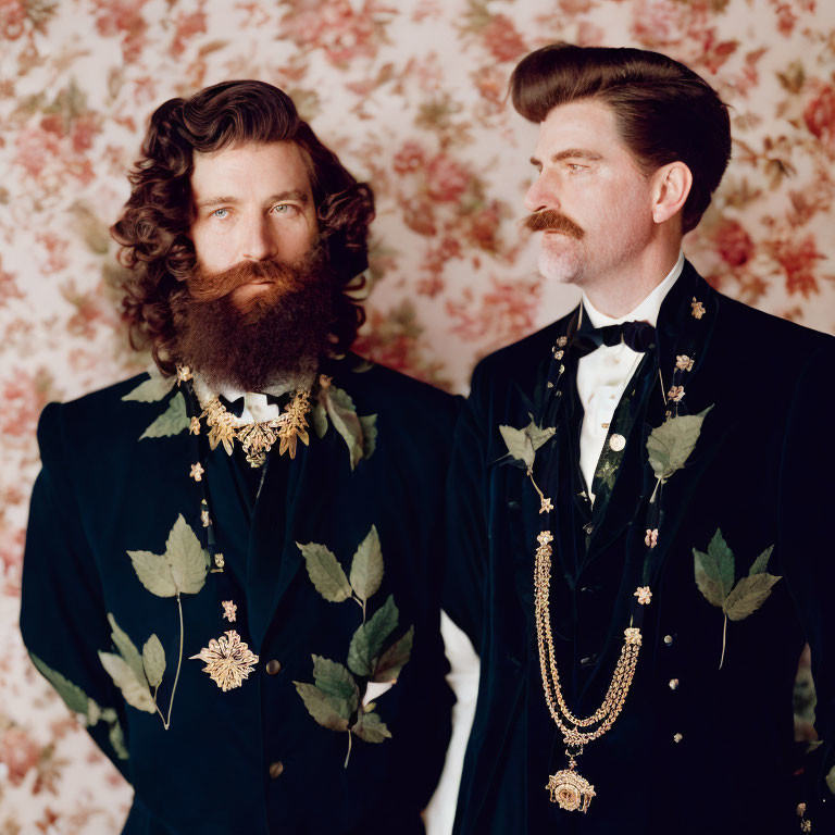Vintage Suits Men with Decorative Foliage and Jewelry Against Floral Backdrop