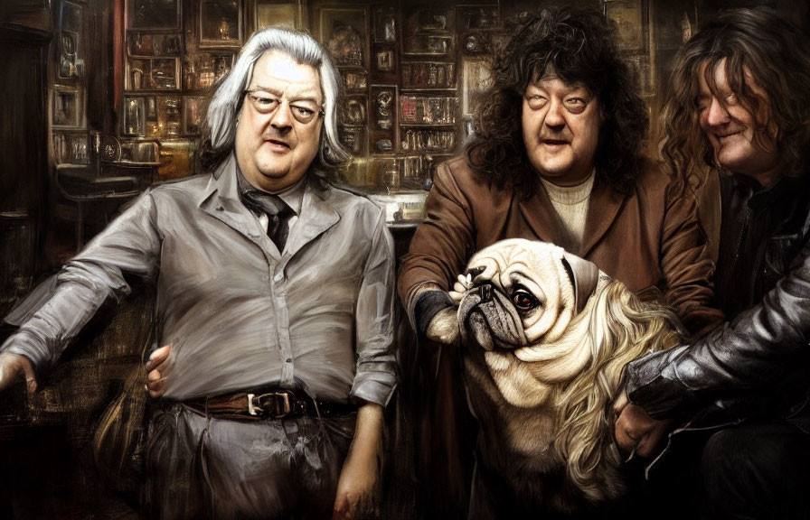 Elderly Men with Long Hair and Pug in Room with Classical Paintings