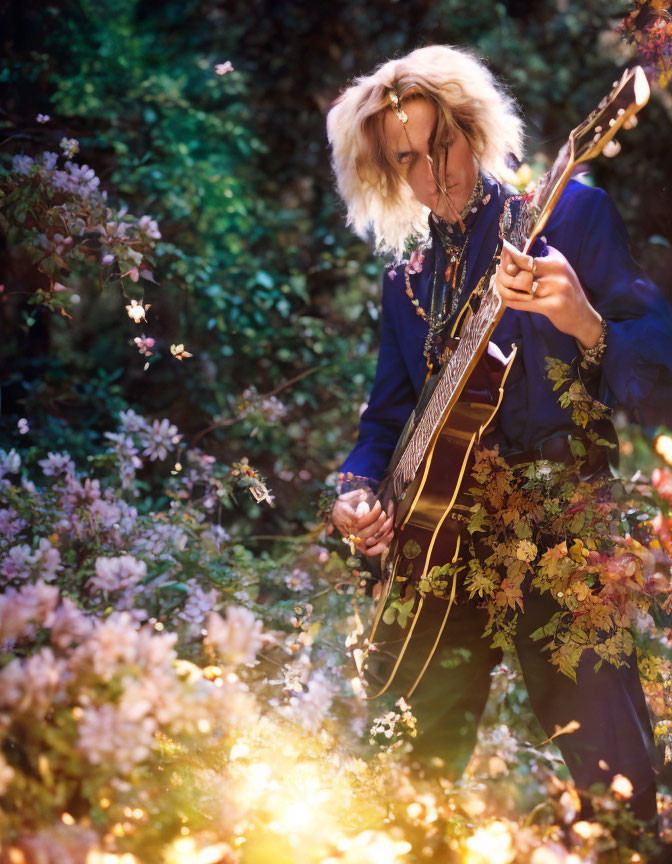 Blonde person playing guitar in blooming flower field