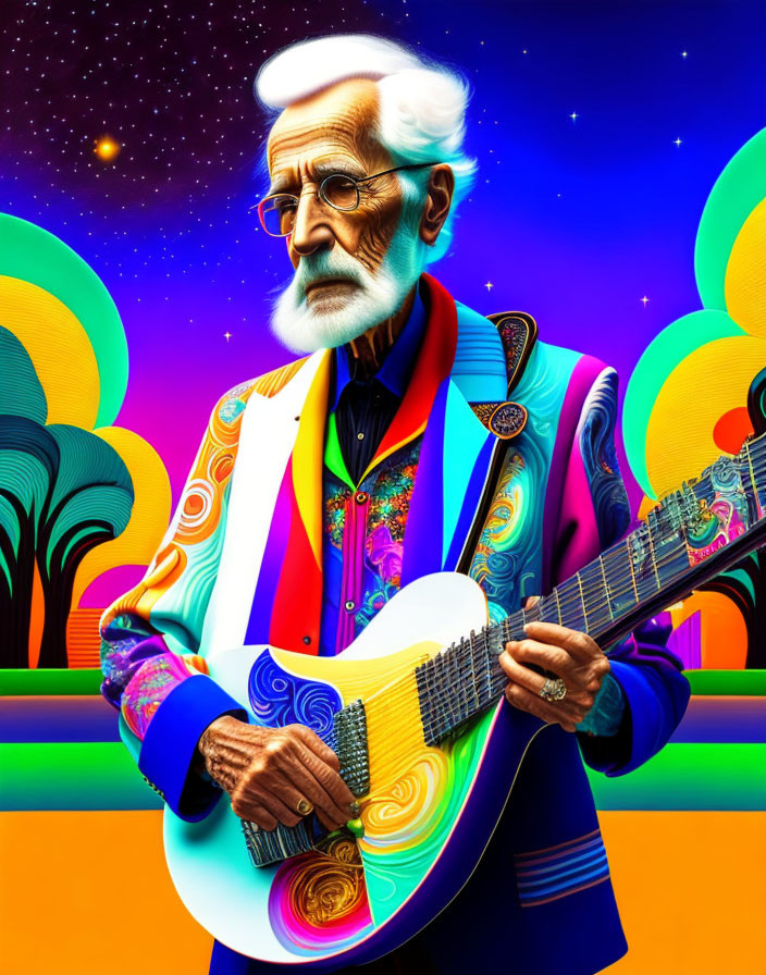 Elderly man playing guitar in vibrant psychedelic setting