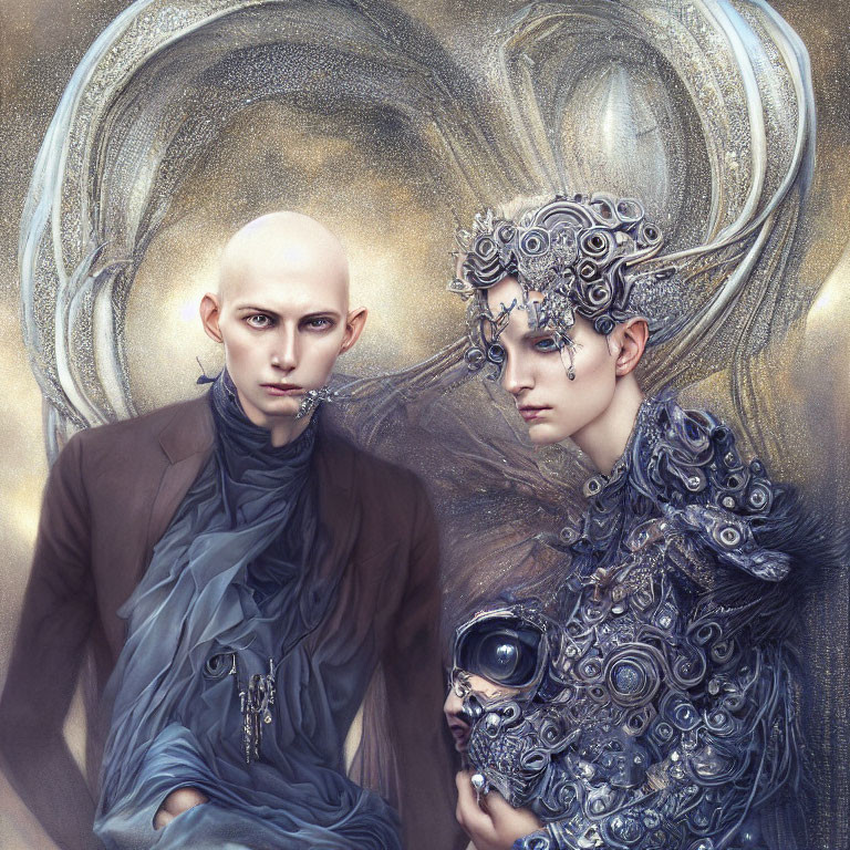 Ethereal beings with ornate headpieces and intricate orb in swirling halo backdrop