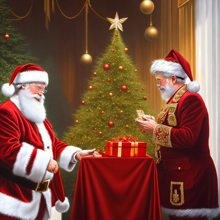 Santa Claus figures in red suits with Christmas tree exchanging gift