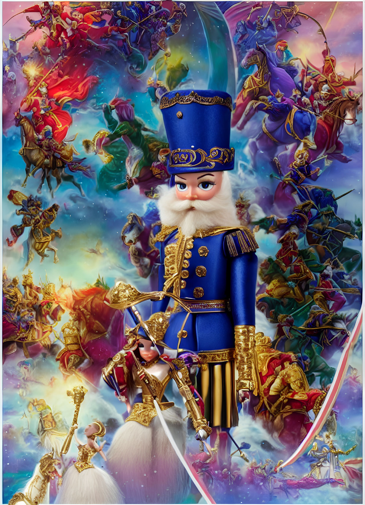 Colorful Nutcracker Figure Surrounded by Fantasy Warriors on Flying Horses