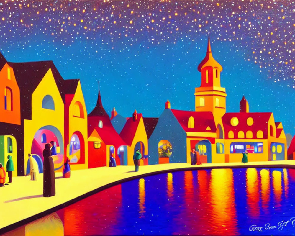 Vibrant village painting with colorful buildings and figures under starry sky