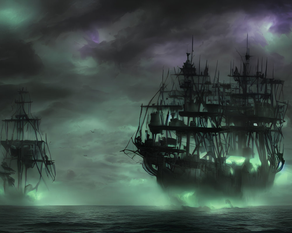 Sailing ships in mist under stormy purple sky with ghostly green lights