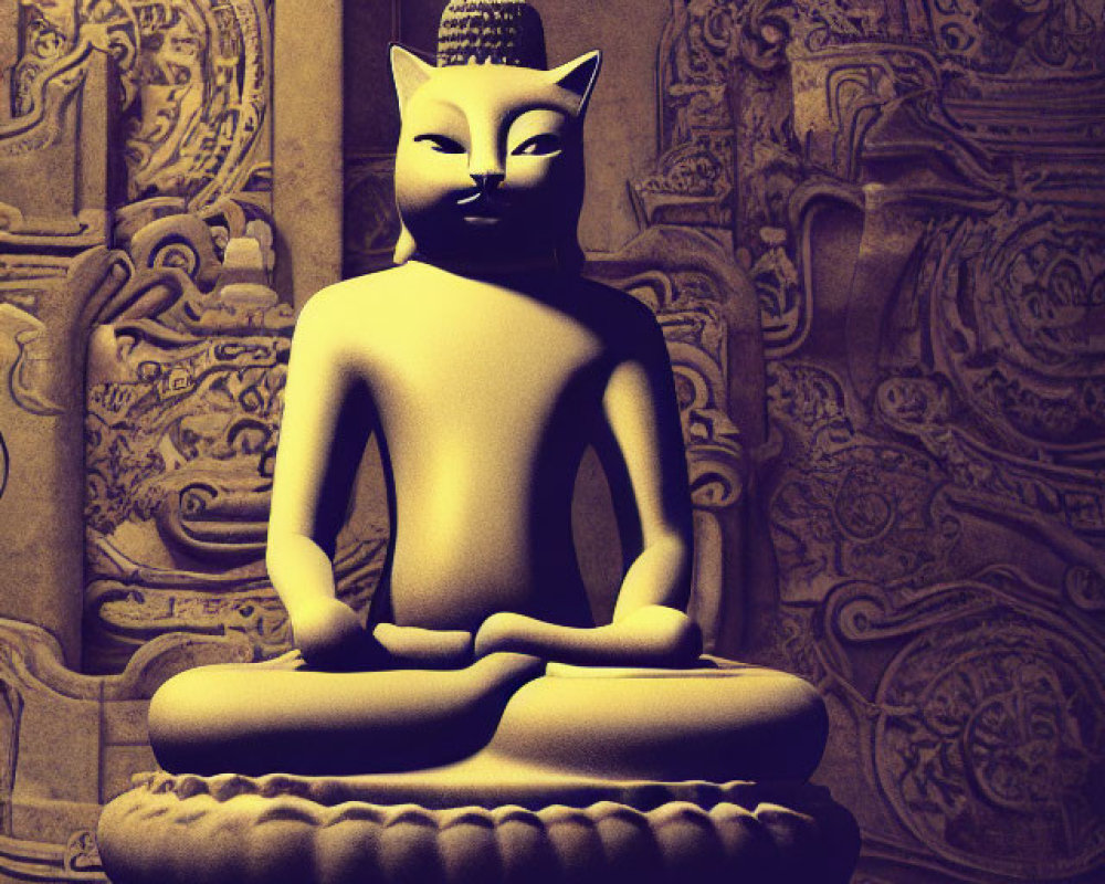 Stylized cat-headed meditating statue against intricately carved stone wall