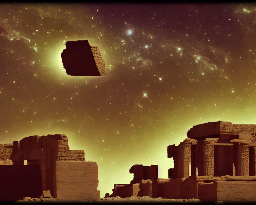 Floating ancient ruins under starry sky: Surreal scene