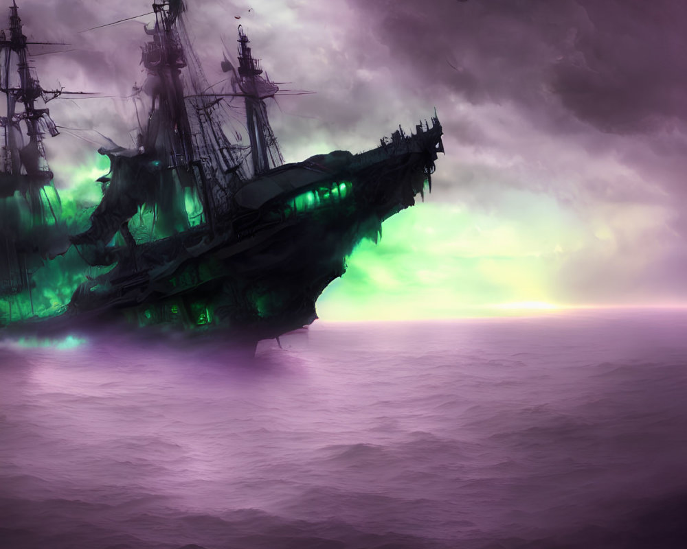 Ghostly Pirate Ship Sailing on Purple Sea Under Stormy Sky