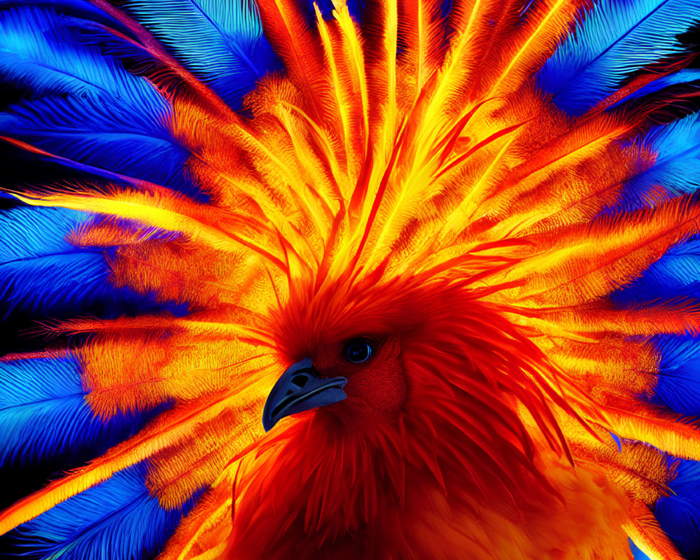 Colorful Phoenix Bird Illustration with Vibrant Orange and Blue Feathers