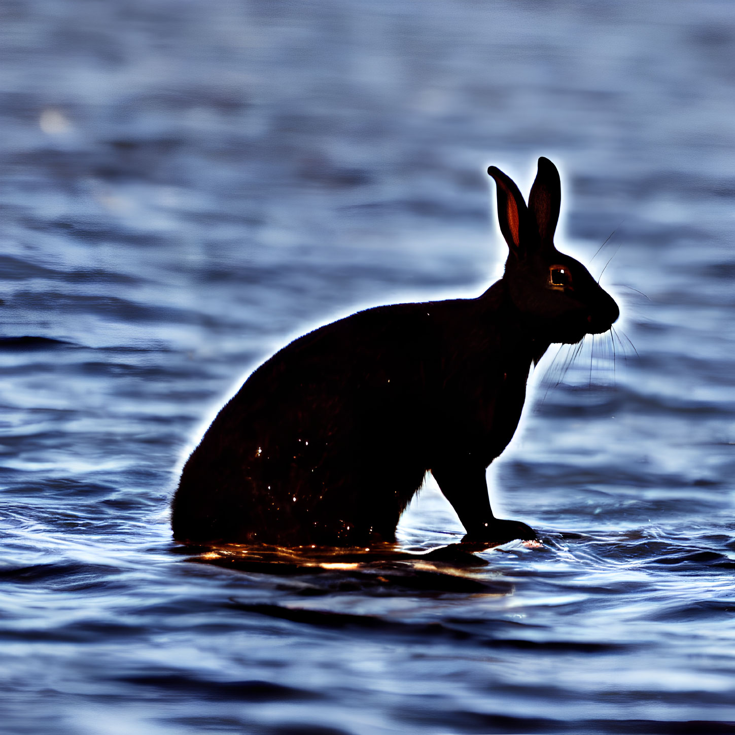 Rabbit silhouette in shallow water under sunlight