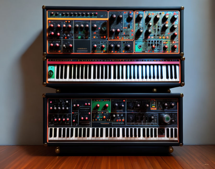 Illuminated synthesizer modules on stacked keyboard in studio.