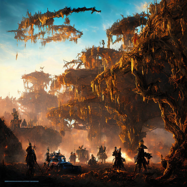 Fantastical landscape with tree-like structure, armored figures, and mechanical beasts in warm light