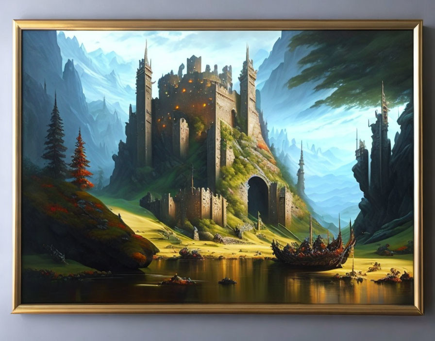 Fantasy landscape painting: majestic castle, boat on river, lush scenery.