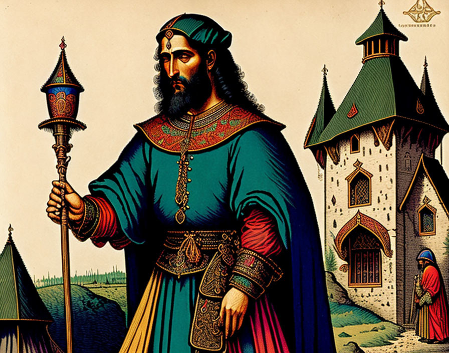 Illustration of medieval king with scepter in blue and red robe by castle.