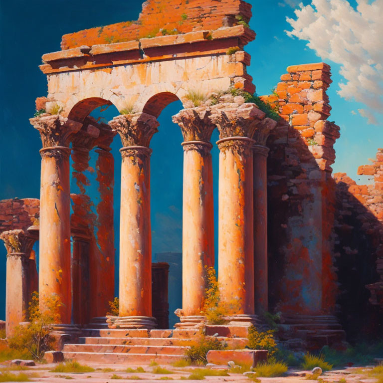 Historic Mediterranean ruins with Corinthian columns under a vivid sunset sky