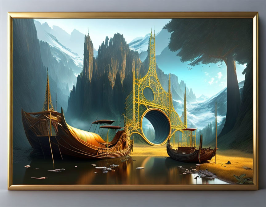 Fantasy landscape with golden tower, ancient ships, cliffs, and calm waters