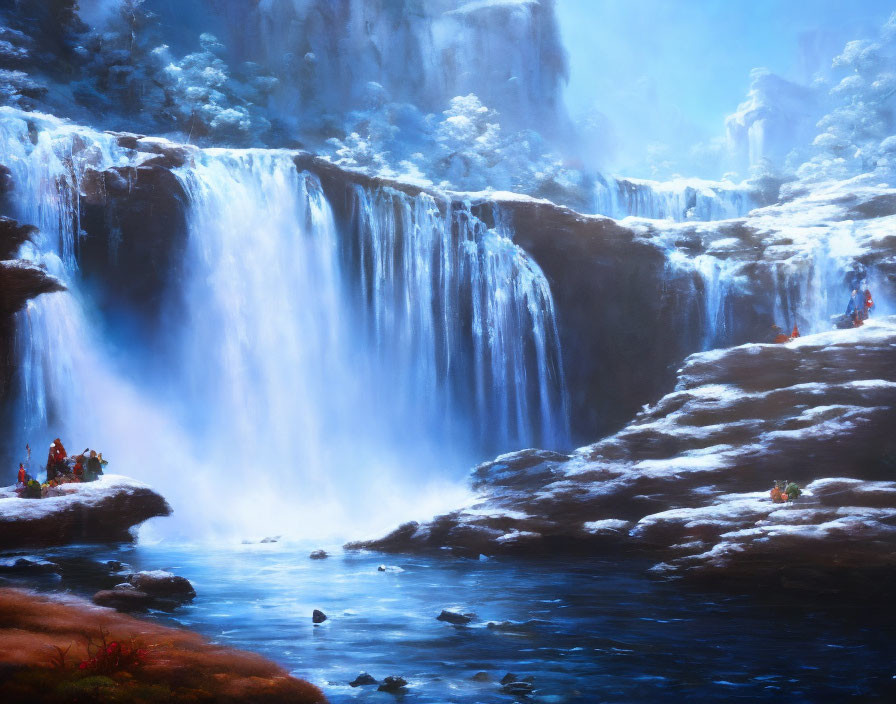 Majestic blue waterfall with cascades, rocky ledges, lush vegetation, and admiring people