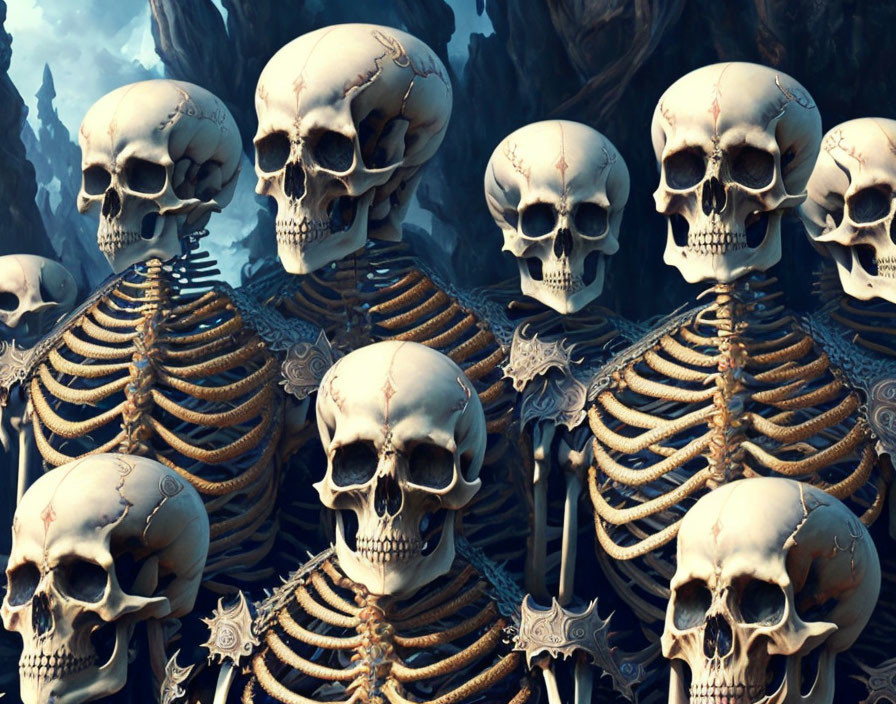 Stacked human skulls and skeletal remains in eerie foggy setting with gothic architecture