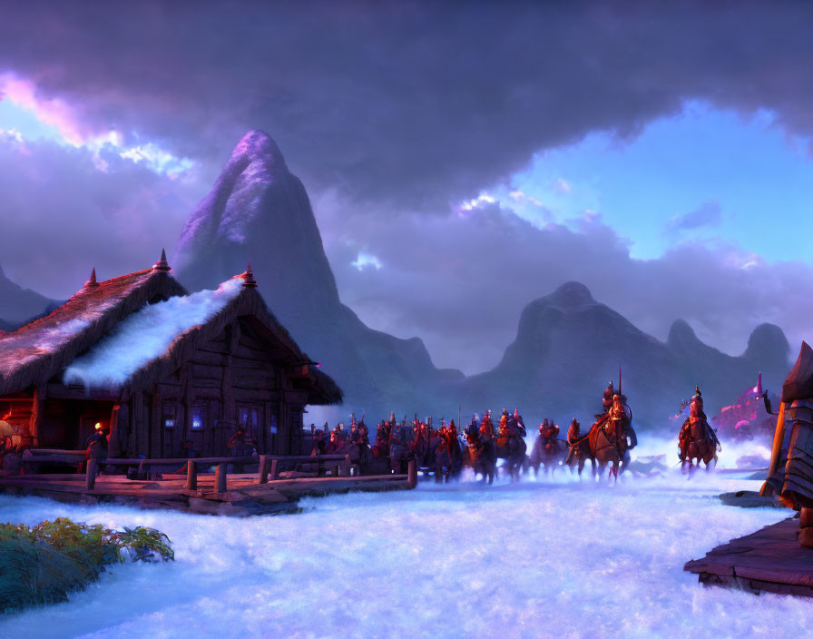 Thatched-Roof Village at Twilight with Warriors on Horseback