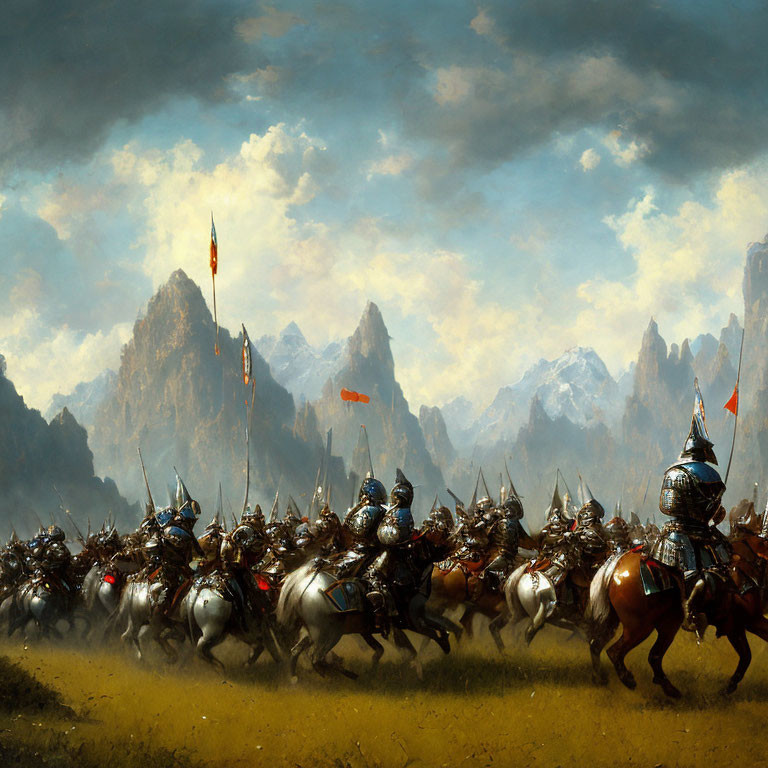 Armored Knights on Horseback with Raised Lances in Dramatic Landscape