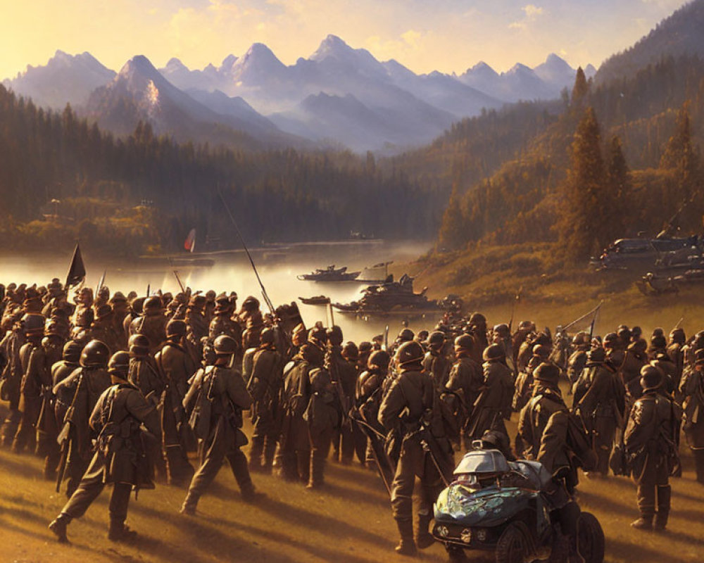 Historical army in uniforms marching through forest towards river and mountains at sunset