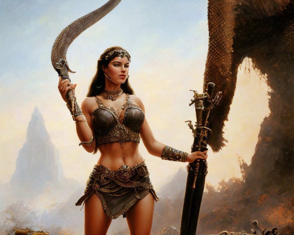 Warrior woman in ornate armor with sword and staff, surrounded by snakes and elephant-like creature