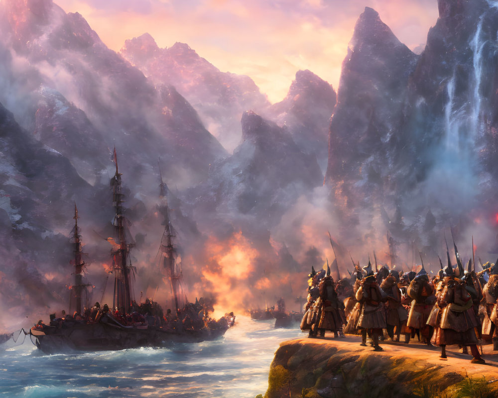 Viking ships on rugged coastline at sunset