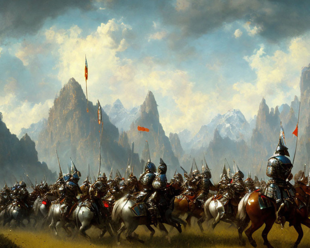 Armored Knights on Horseback with Raised Lances in Dramatic Landscape