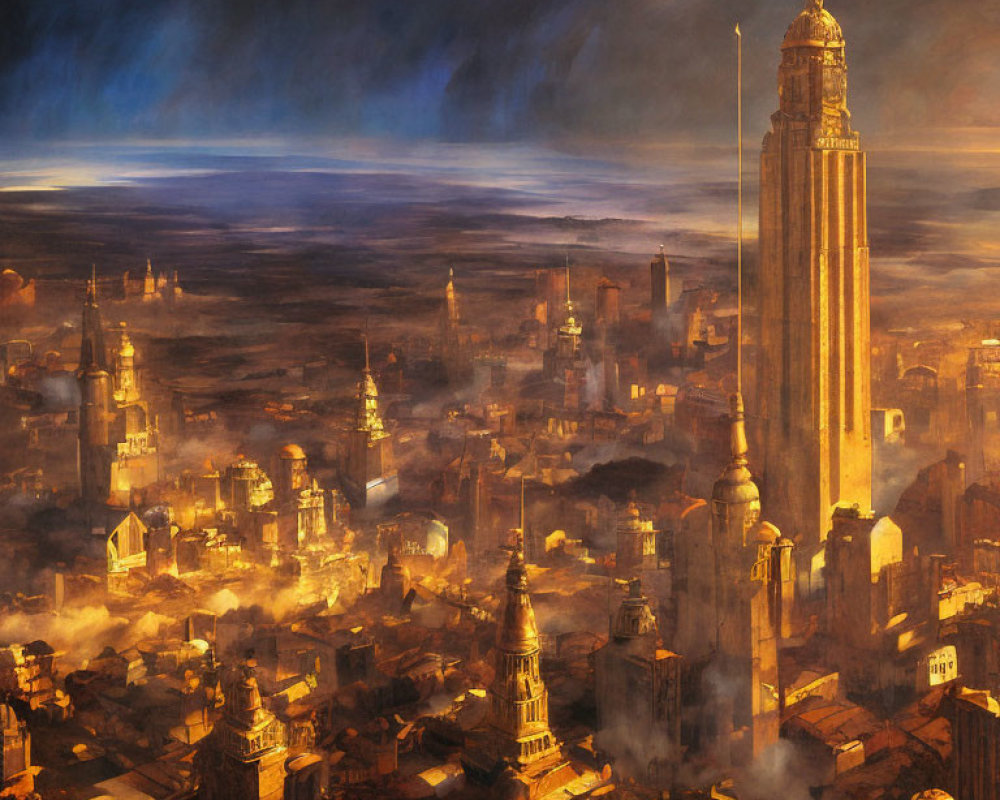 Futuristic cityscape painting with warm light and towering skyscrapers