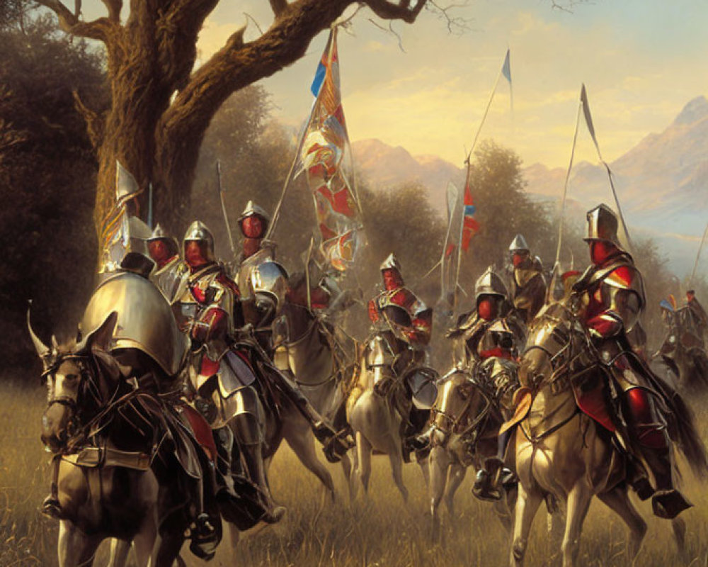 Medieval knights on horseback with lances and banners under a tree