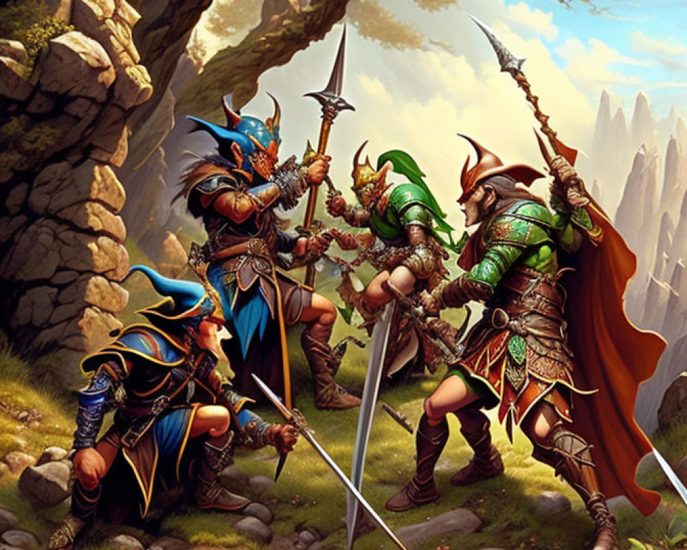 Fantasy warriors in armor with axe, sword, and spear in rocky landscape