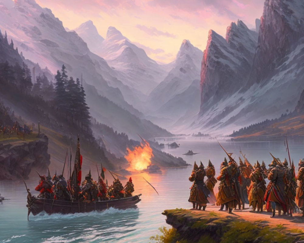 Armored warriors onshore watching companions aboard boat with snowy mountains and pink sky.