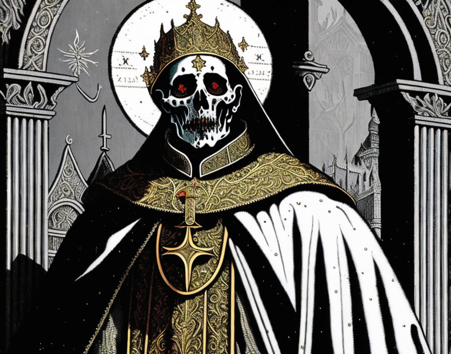 Skeletal figure in regal robe and crown with gothic background