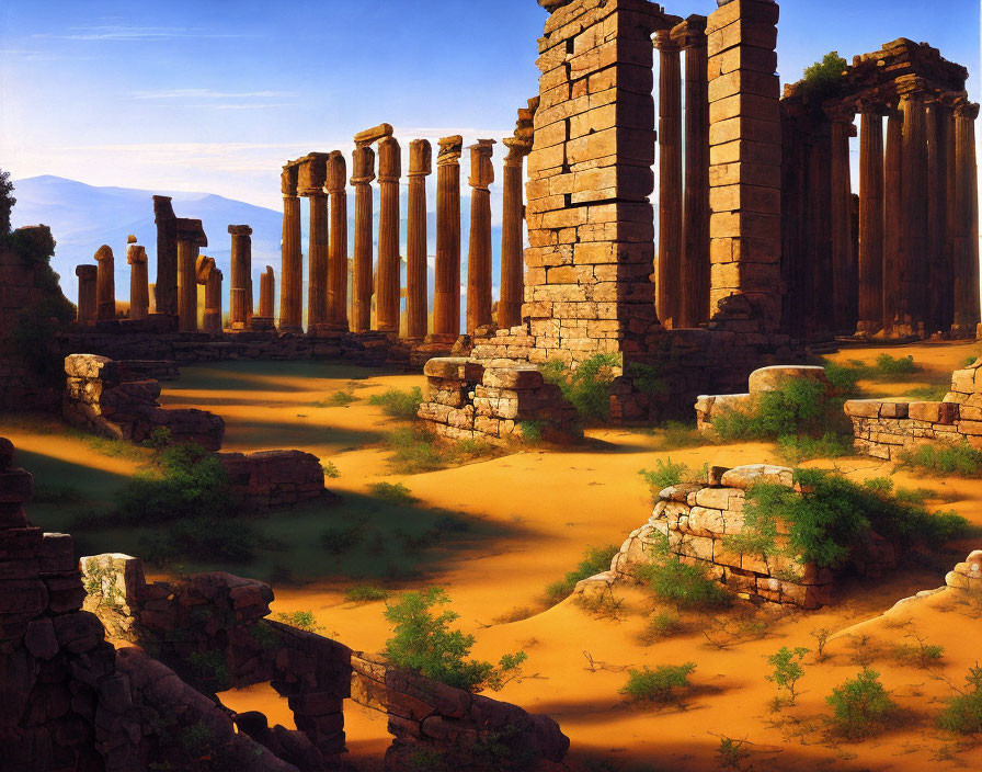 Ruins of ancient columns in a desert landscape with old walls and sparse greenery