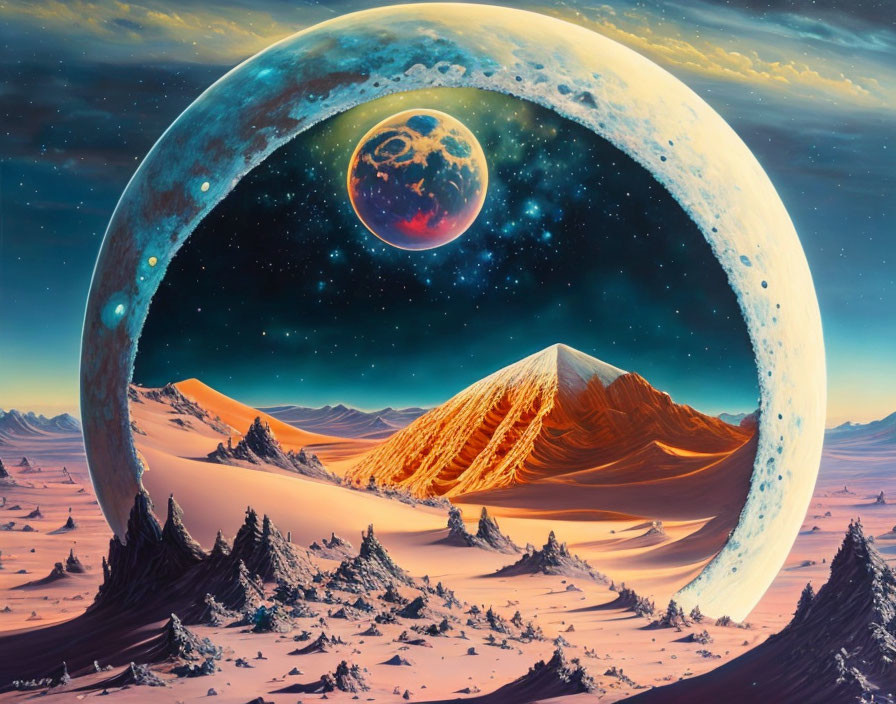Snow-covered mountains with orange peak in sci-fi landscape.