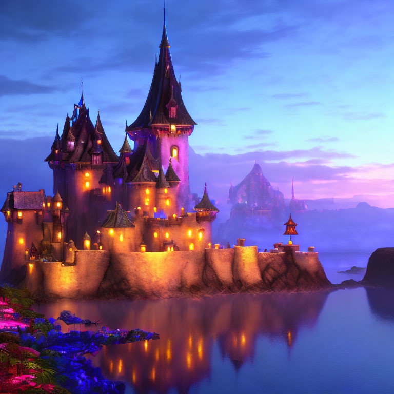 Majestic castle reflected in calm waters at dusk