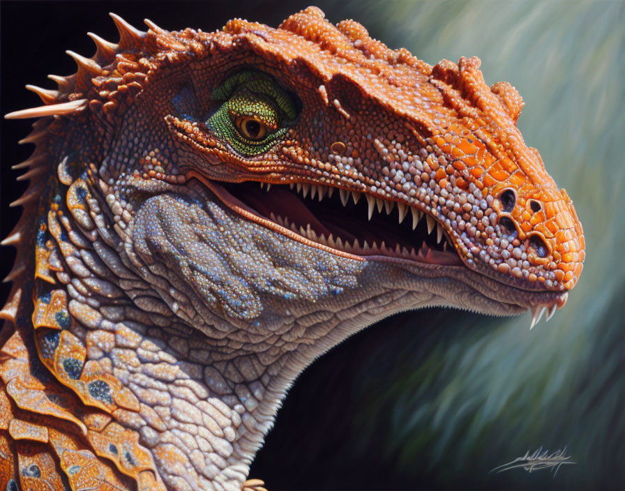 Detailed Dragon Illustration: Orange Scales, Sharp Teeth, Green Eye