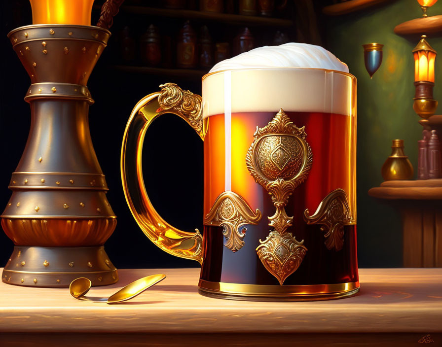Ornate beer mug with frothy beer on wooden bar beside candlestick and spoon