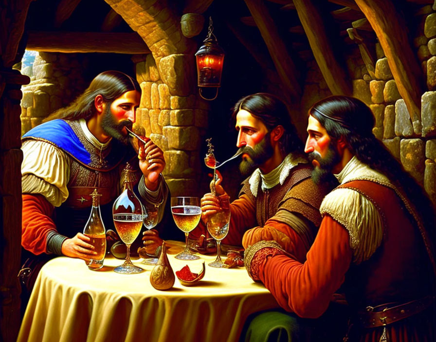 Three individuals in historical clothing at table with drinks and pipes in tavern setting