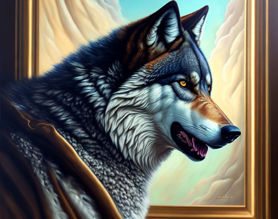 Detailed painting of a wolf with captivating gaze and rich fur textures