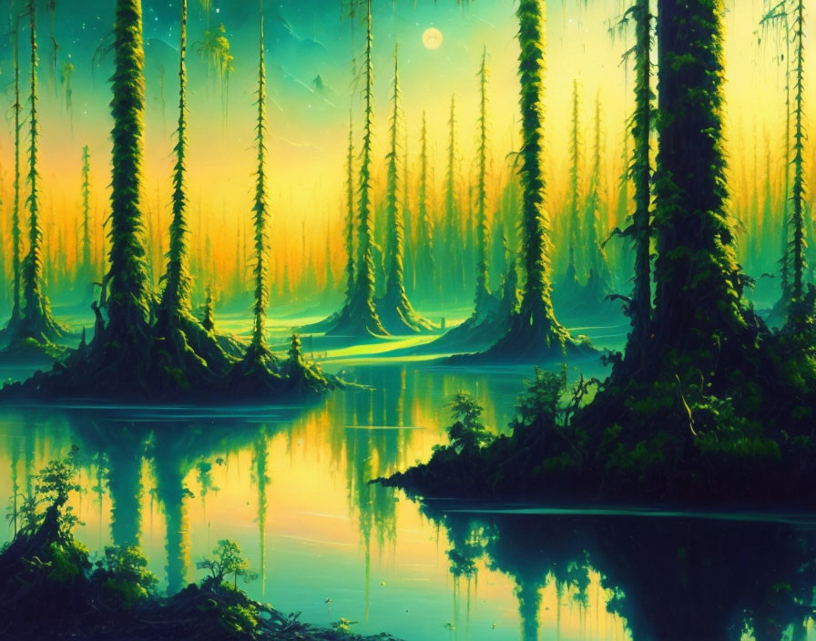 Ethereal forest digital painting with tall trees and serene lake