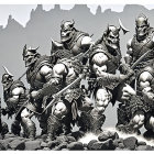 Skeletal zombie army in military attire in desolate cityscape