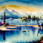 Colorful Lakeside Landscape with Mountains and Dinosaur Silhouettes